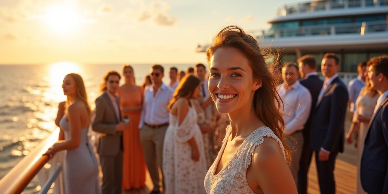 Un gruppo di persone che festeggia sul ponte di una nave da crociera al tramonto