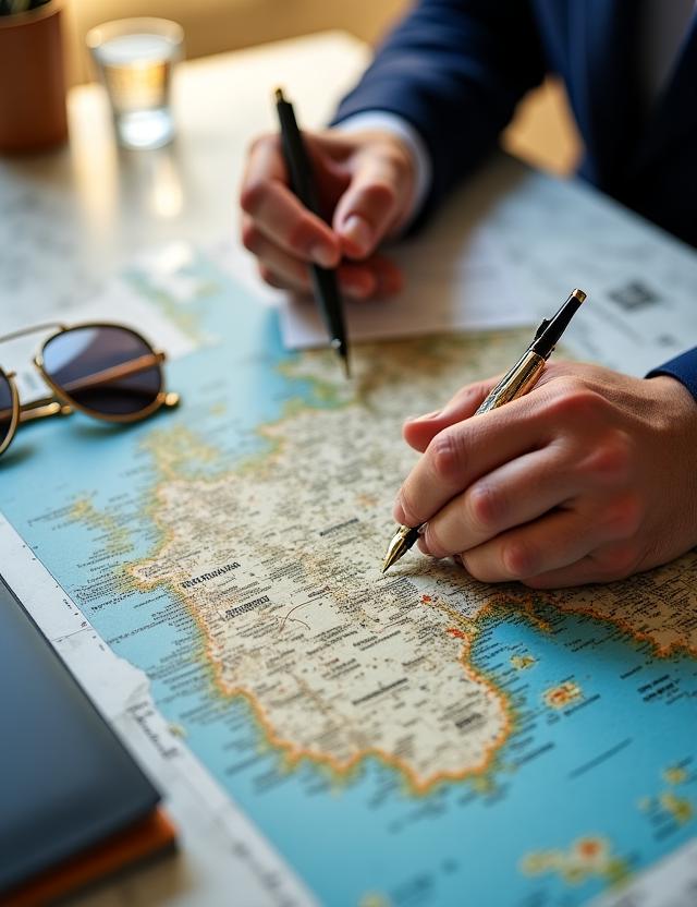 Consulente di viaggio che pianifica una crociera di lusso personalizzata su una mappa del Mediterraneo